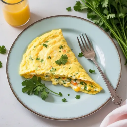 Prompt: Fluffy egg omelette with parsley on pretty plate