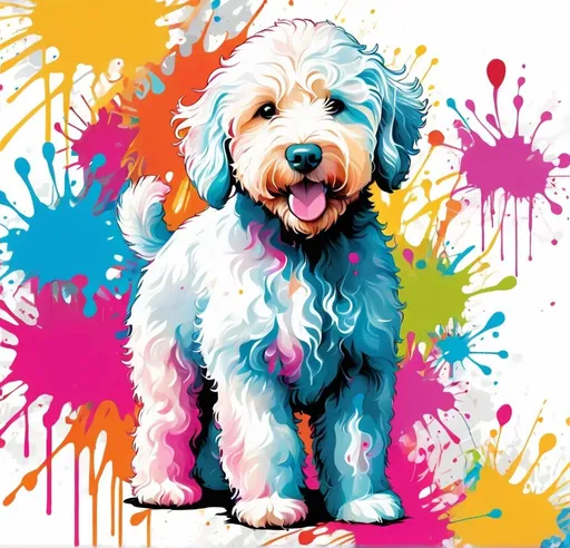 Prompt: Colorful graffiti illustration of a Goldendoodle, paint splashes, vector t-shirt art, white background, Seamless floral pattern with vibrant colors