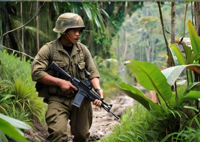 Prompt: a filipino soldiers in the jungle