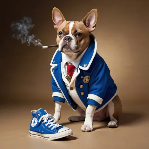 Prompt: A dog wearing a napolean jacket and blue converse shoes and smoking a pipe.
