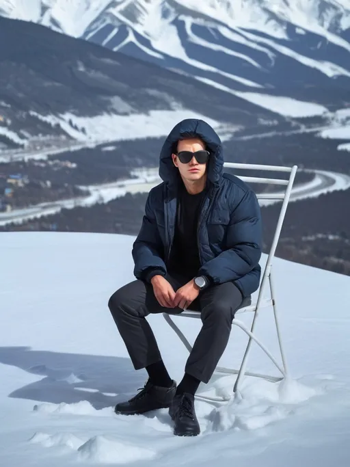 Prompt: a man sitting on a chair in the snow wearing sunglasses and a jacket with a hood on, with a mountain in the background, Daryush Shokof, aestheticism, winter, a stock photo