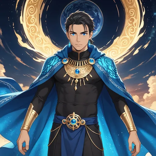 Prompt: A men Muslim alchemist, hair in blue-bronze tones, vibrant cloak of mystical design, on the magical city