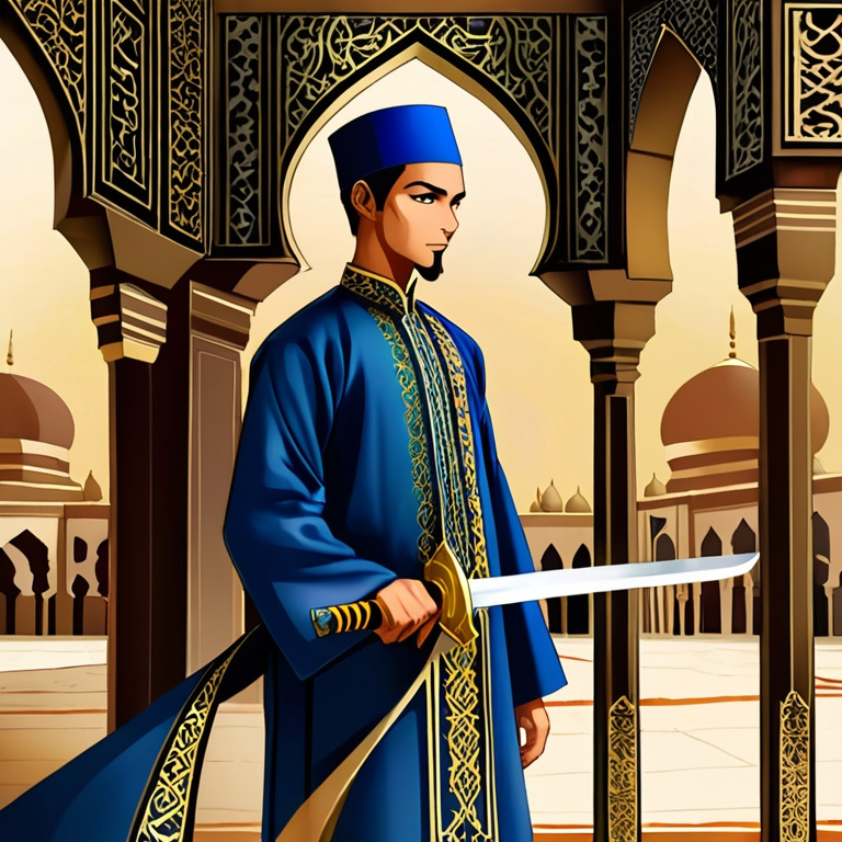 Prompt: An men Indonesian Islamic student, embodying the essence of a sword master, stands confidently in a traditional setting. He has striking blue and gold hair that flows elegantly, contrasting with his modest yet stylish attire. In one hand, he holds a beautifully crafted sword, showcasing intricate designs that reflect his mastery. The background features elements of Islamic architecture, such as arches and intricate tile work, set against a serene garden with blooming flowers and soft sunlight filtering through the leaves. His expression is one of focus and determination, embodying the spirit of a devoted student and a skilled warrior.
