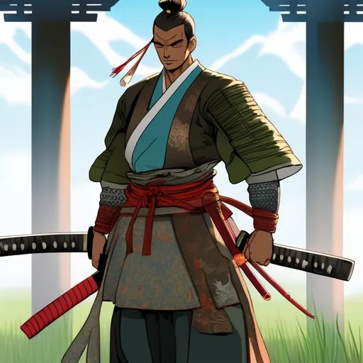 Prompt: An Indonesian samurai, embodying the spirit of a santri, stands proudly in magical city. He wears a beautifully crafted katana at his side, with intricate designs symbolizing his heritage. The setting is a lush, green rice field under a bright blue sky, with distant mountains providing a majestic backdrop. His expression is determined yet calm, reflecting the balance of strength and wisdom. The sunlight casts a warm glow on his outfit, highlighting the rich colors and textures of his clothing, while a gentle breeze rustles the leaves around him.