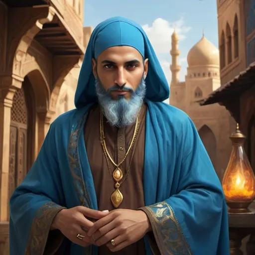Prompt: A  Muslim alchemist, hair in blue-bronze tones, vibrant cloak of mystical design, on the magical city