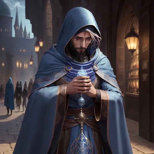 Prompt: A  Muslim alchemist, hair in blue-bronze tones, vibrant cloak of mystical design, on the magical city
