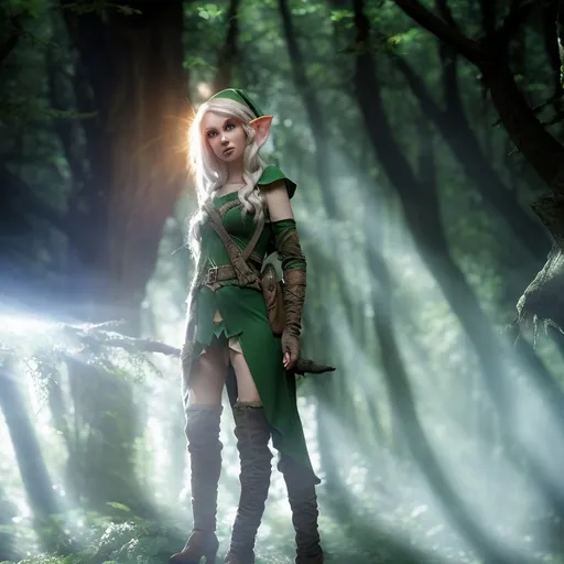 Prompt: Elf ranger in a mystical forest around sunlight