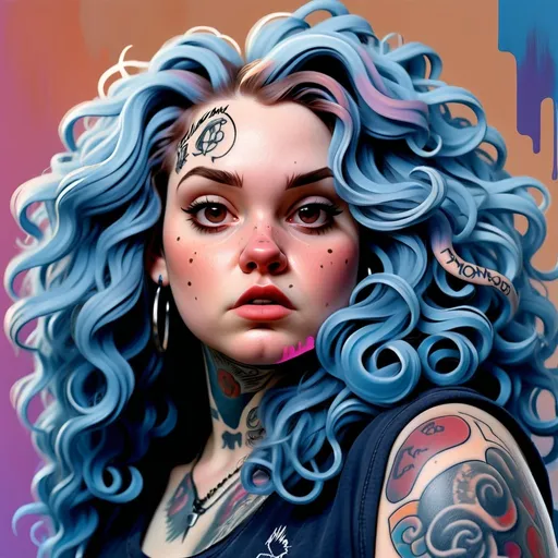 Prompt: Fat woman with pale skin, round face, long blue wavy hair, messy hair, side part hair, tattoos, nose ring, realistic digital painting, intense facial features, high quality, portrait, blue tones, intense lighting, grungy fashion, aggressive pose, vaporwave, intense brown eyes, modern art, soft color palette, highres