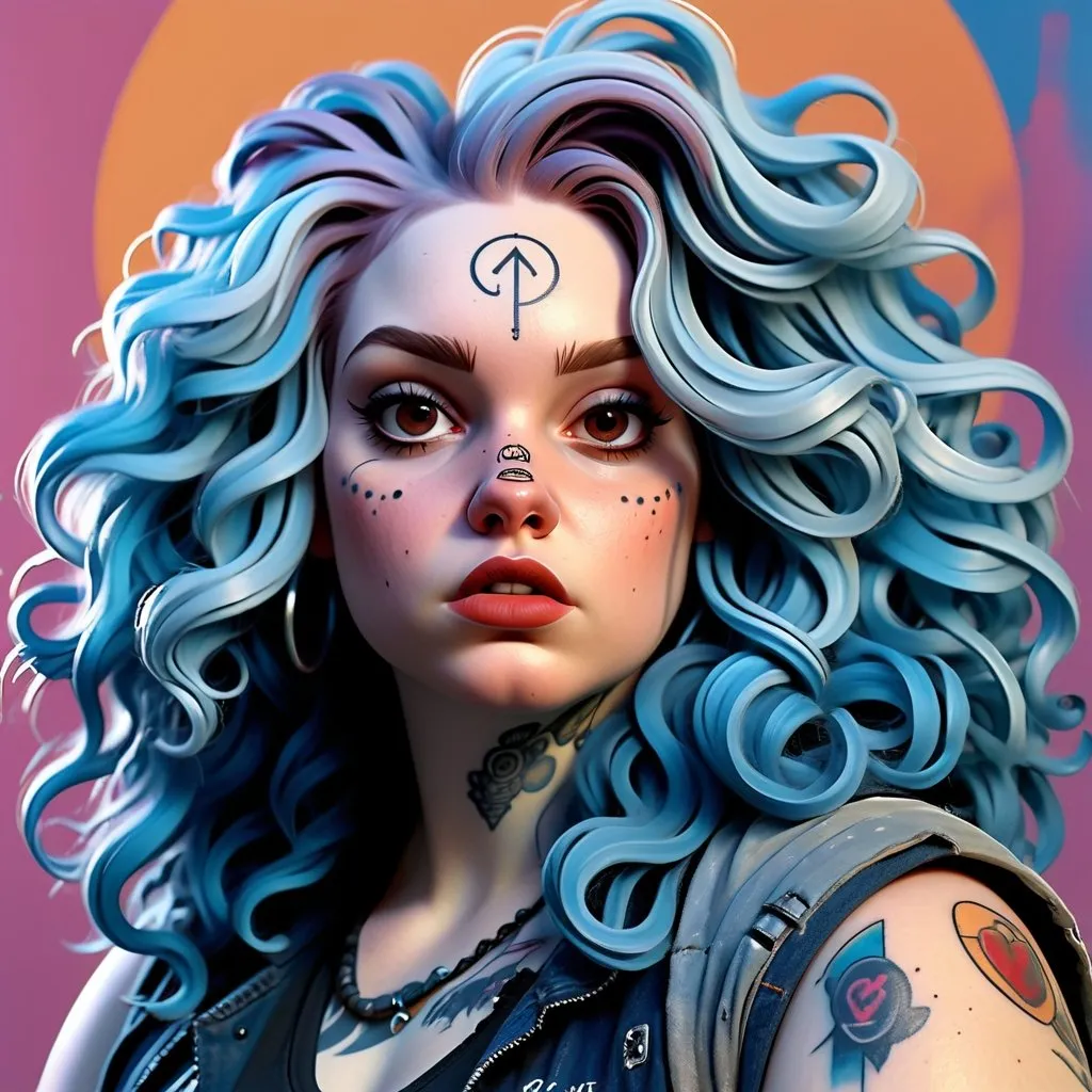 Prompt: Fat woman with pale skin, round face, long blue wavy hair, messy hair, side part hair, tattoos, nose ring, realistic digital painting, intense facial features, high quality, portrait, blue tones, intense lighting, grungy fashion, aggressive pose, futuristic-vaporwave, intense brown eyes, modern art, soft color palette, highres