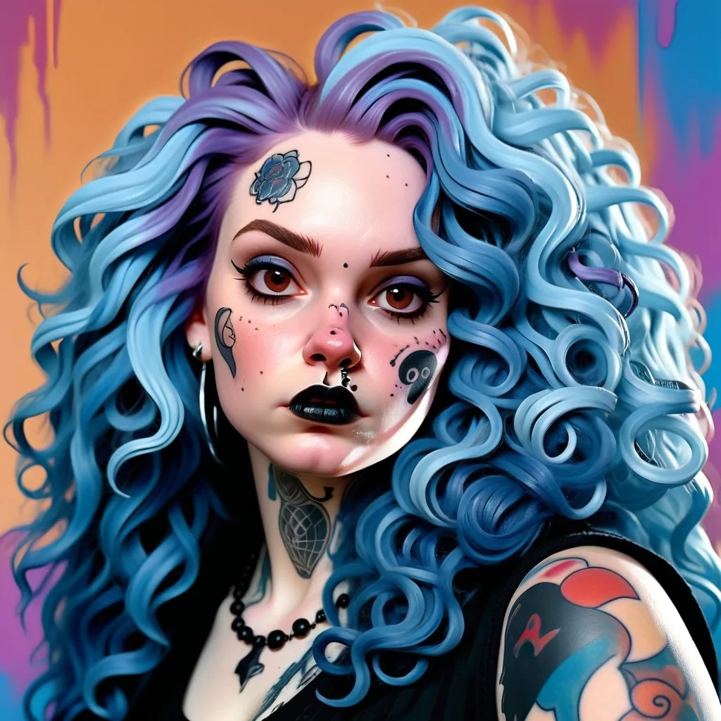 Prompt: Fat woman with pale skin, round face, very long blue wavy hair, messy hair, unruly hair, side part hair, tattoos, nose ring, realistic digital painting, intense facial features, high quality, portrait, blue tones, intense lighting, goth fashion, aggressive pose, vaporwave, intense brown eyes, modern art, soft color palette, highres