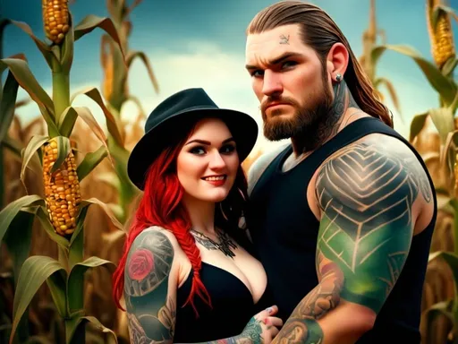 Prompt: Gritty gangster portrait of a tattooed man and woman, realistic oil painting, cornfield background, intricate tattoo details, intense and bold colors, dim and moody lighting, gangster, corn, realistic, oil painting, detailed tattoos, intense colors, moody lighting, professional, gritty atmosphere