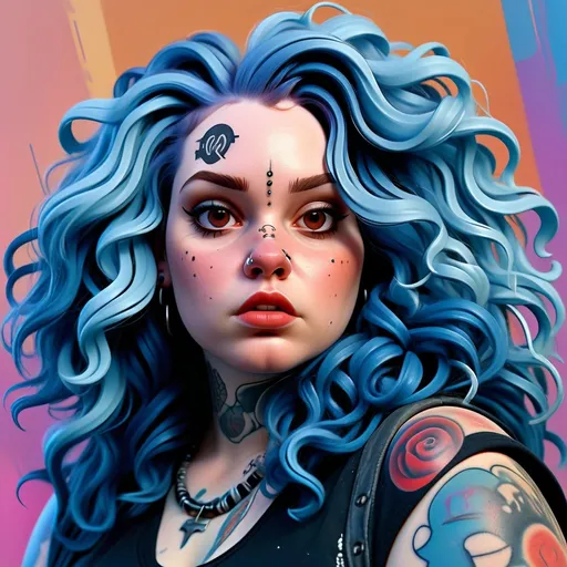 Prompt: Fat woman with pale skin, round face, long blue wavy hair, messy hair, side part hair, tattoos, nose ring, realistic digital painting, intense facial features, high quality, portrait, blue tones, intense lighting, grungy fashion, aggressive pose, futuristic-vaporwave, intense brown eyes, modern art, soft color palette, highres