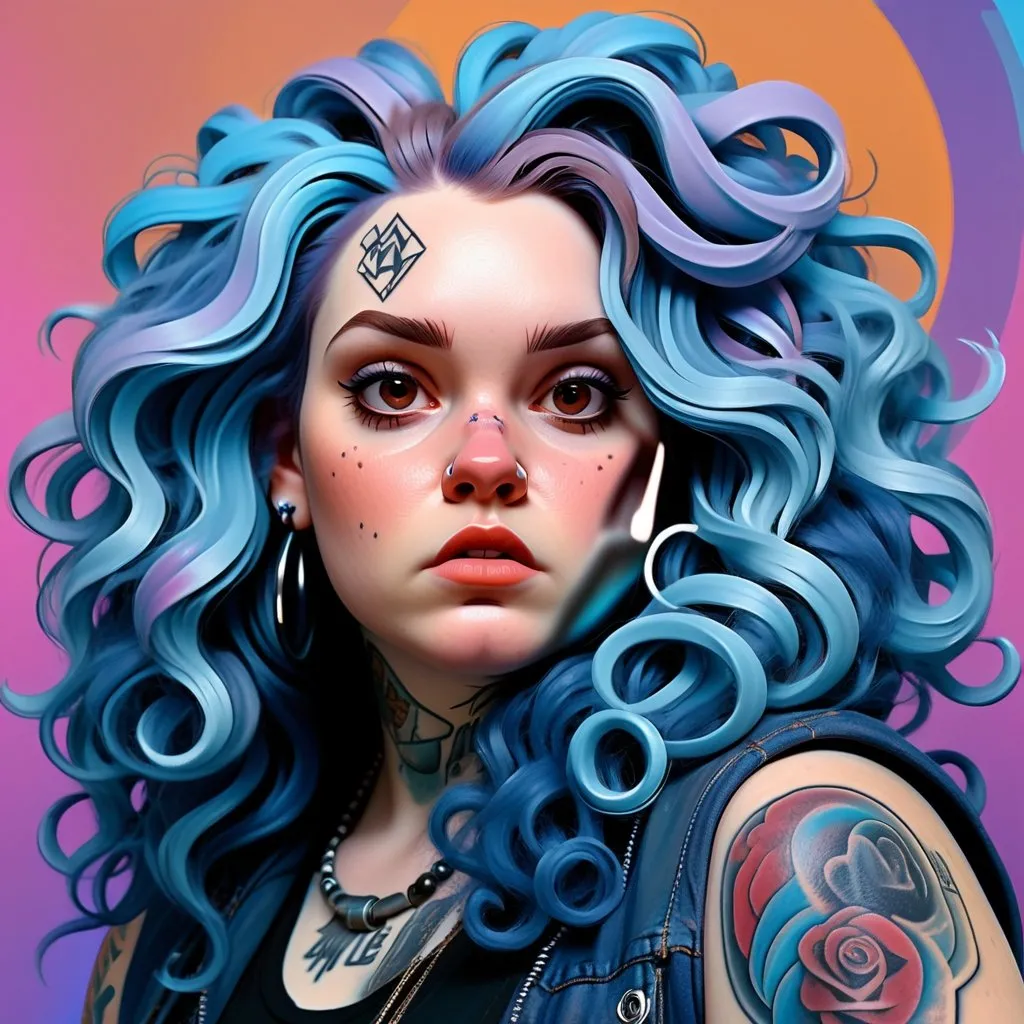 Prompt: Fat woman with pale skin, round face, long blue wavy hair, messy hair, side part hair, tattoos, nose ring, realistic digital painting, intense facial features, high quality, portrait, blue tones, intense lighting, grungy fashion, aggressive pose, futuristic-vaporwave, intense brown eyes, modern art, soft color palette, highres