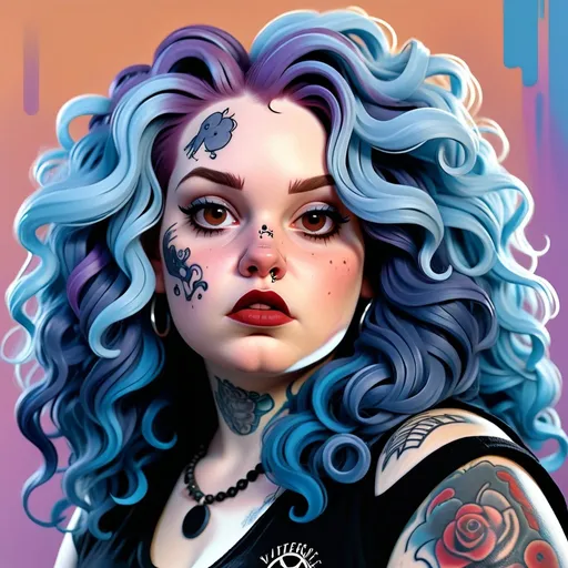 Prompt: Fat woman with pale skin, round face, long blue wavy hair, messy hair, side part hair, tattoos, nose ring, realistic digital painting, intense facial features, high quality, portrait, blue tones, intense lighting, goth fashion, aggressive pose, vaporwave, intense brown eyes, modern art, soft color palette, highres