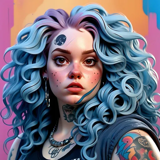 Prompt: Fat woman with pale skin, round face, long blue wavy hair, messy hair, side part hair, tattoos, nose ring, realistic digital painting, intense facial features, high quality, portrait, blue tones, intense lighting, grungy fashion, aggressive pose, futuristic-vaporwave, intense brown eyes, modern art, soft color palette, highres