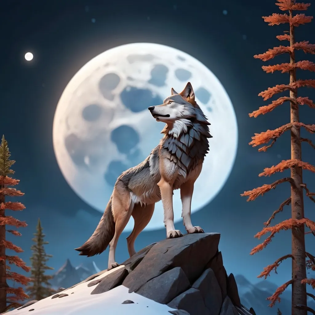 Prompt: animated wolf on a mountain moon background

