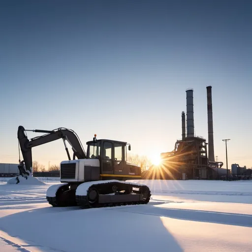 Prompt: An image of a winter landscape with brand-new industrial machinery fresh from the factory, gleaming and unused, set against a cold sunrise. The sunlight reflects off the metal surfaces, symbolizing a new beginning and the start of projects for the year. Include details of snow lightly covering some parts of the equipment to emphasize the winter setting.