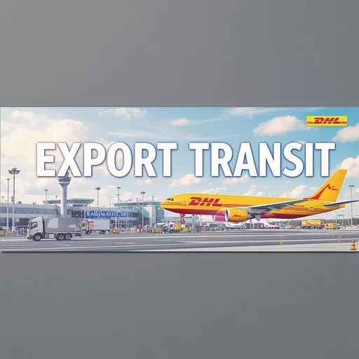 Prompt: erstelle mir einen rechtecking banner der gut auf eine dina4 seite passt. thema spedition, flughafen, dhl. zudem muss der Banner den Schriftzug: EXPORT TRANSIT enthalten. es soll ein flugzeug oder flugzeuge der dhl zu sehen sein. Ein lkw muss e snicht unbedingt sein. wir sind am frankfurter flughafen

