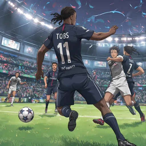 Prompt: Anime-style illustration of a black man with a toned, athletic build and small, small black tightly coiled dreadlocks tied into a ponytail. He’s wearing a Paris Saint-Germain (PSG) soccer kit, prominently featuring the number 11 and the name 'Tobs' on the back. The scene captures a dynamic moment from a slight angle, showcasing the details of his shirt and the intensity of the action. As an agile and fast winger, he exudes the aura of a legendary player. The soccer ball is skillfully positioned at his feet as he performs an impressive flair move, demonstrating exceptional footwork, speed, and precision. His physique is designed for agility, allowing him to fluidly weave past defenders, who are depicted in anime style, looking intimidated and overwhelmed by his prowess. The vibrant background features a lively soccer field, illuminated by bright stadium lights, with a packed crowd cheering in excitement. The defenders struggle to keep up, emphasizing his dominance and electrifying presence on the field.