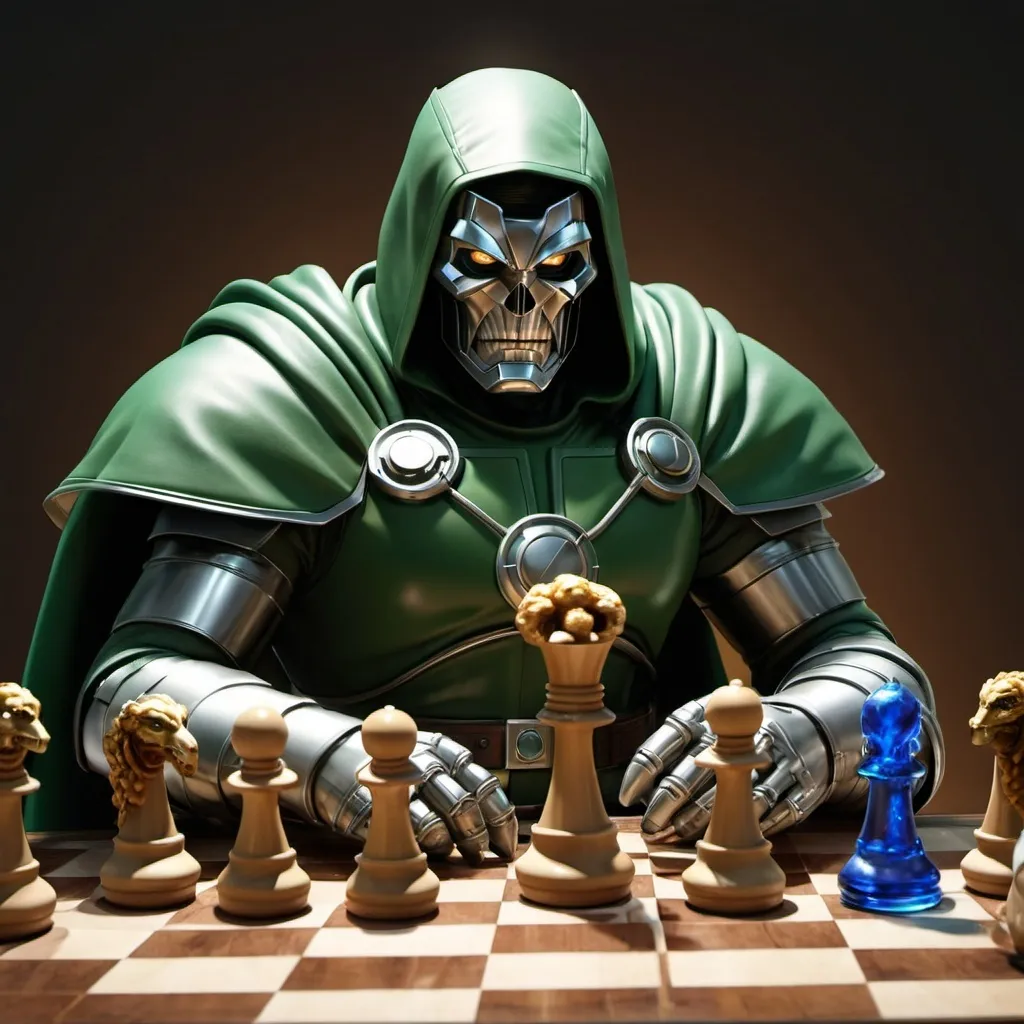 Prompt: Create a 3D render of Doctor Doom, a menacing look in hos eyes as he handles chess pieces made to look like the Fantastic Four.