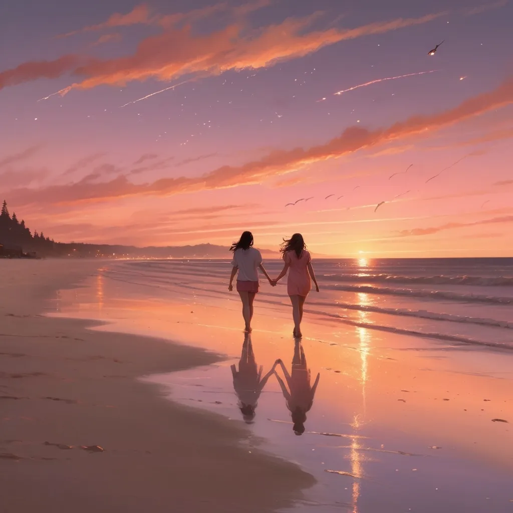 Prompt: two best friends holding hands walking down a beach during sunset in the sky you can see 100s of mediores in the sky as well