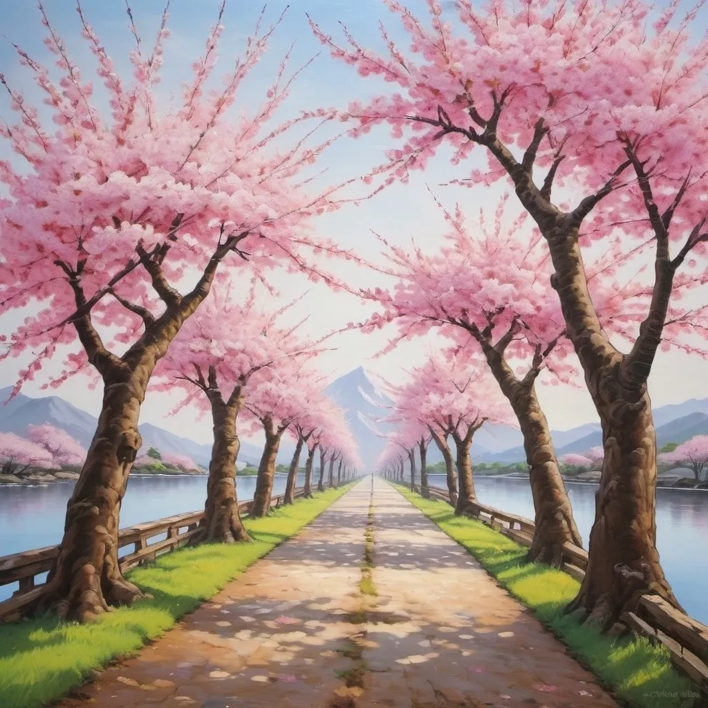 Prompt: Blooming cherry blossom trees on both side of a path painting