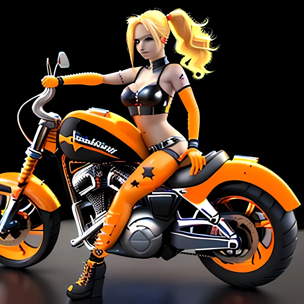 Prompt:  3d, vivid colors, very detailed, hot blonde hair gal babe on computer, on harley, holding bright black glowing star, high detail, orange background, 