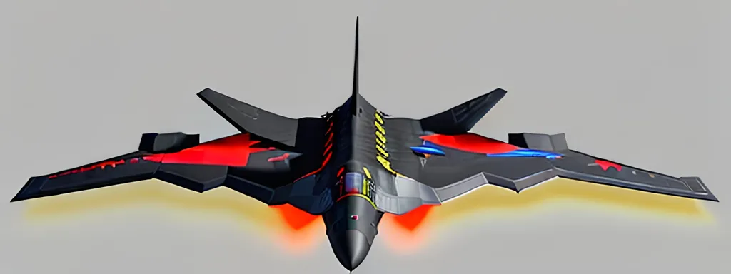 Prompt:  4d, CENTERED, vivid colors, very detailed, white and BLACK STEALTH BOMBER PLANE, bright black glowing star, high detail, RED AND BLUE ACCENTS, YELLOW background,