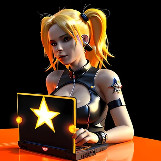 Prompt:  3d, vivid colors, very detailed, hot blonde hair gal babe on computer, on harley, holding bright black glowing star, high detail, orange background, 