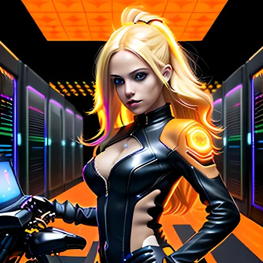 Prompt:  4d, vivid colors, very detailed, hot blonde hair gal babe in computer data center on harley, holding bright black glowing star, high detail, orange background, 