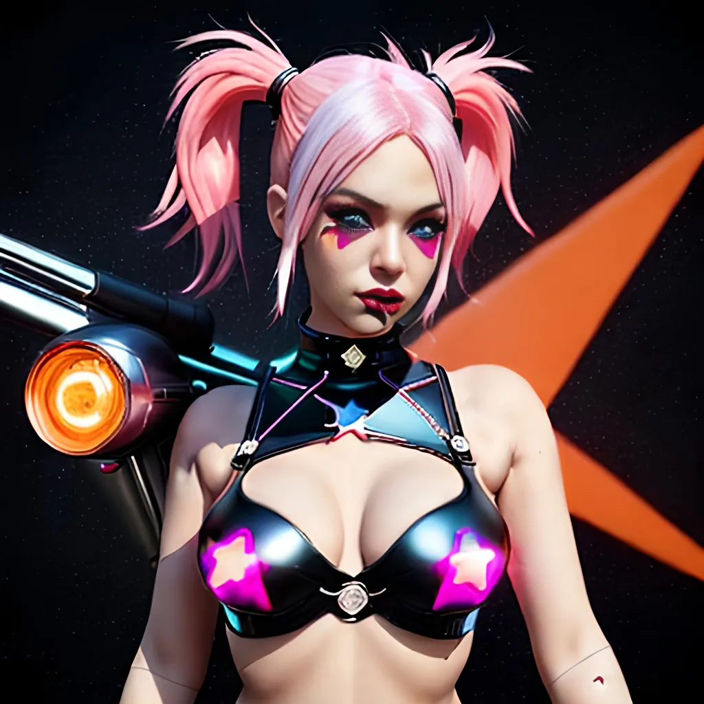 Prompt:  3d, vivid colors, very detailed, hot white and pink hair gal babe on harley, holding bright black glowing star, high detail, orange background, 