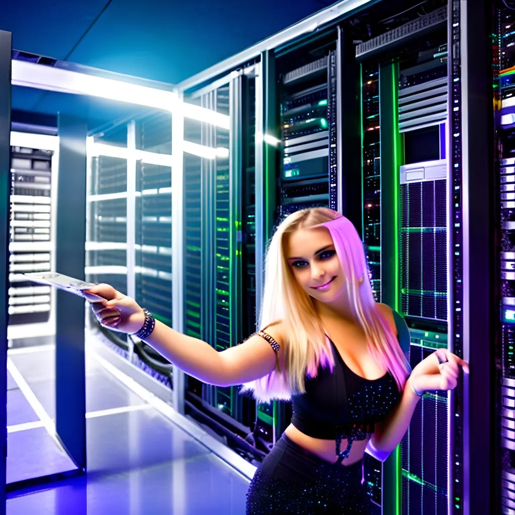 Prompt: dreamcore, futuristic, vibrant, very detailed, hot blonde babe protecting data center server, holding a star in her hand, high detail