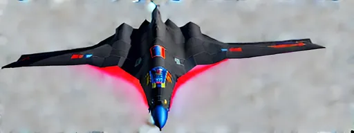 Prompt:  4d, CENTERED, vivid colors, very detailed, white and BLACK STEALTH BOMBER PLANE, bright black glowing star, high detail, RED AND BLUE ACCENTS, YELLOW background, BLUE SKY