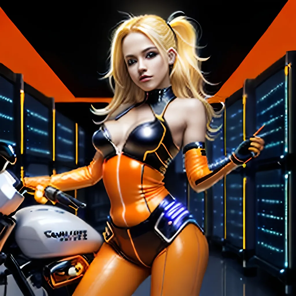 Prompt:  4d, vivid colors, very detailed, hot blonde hair gal babe in computer data center on harley, holding bright black glowing star, high detail, orange background, 