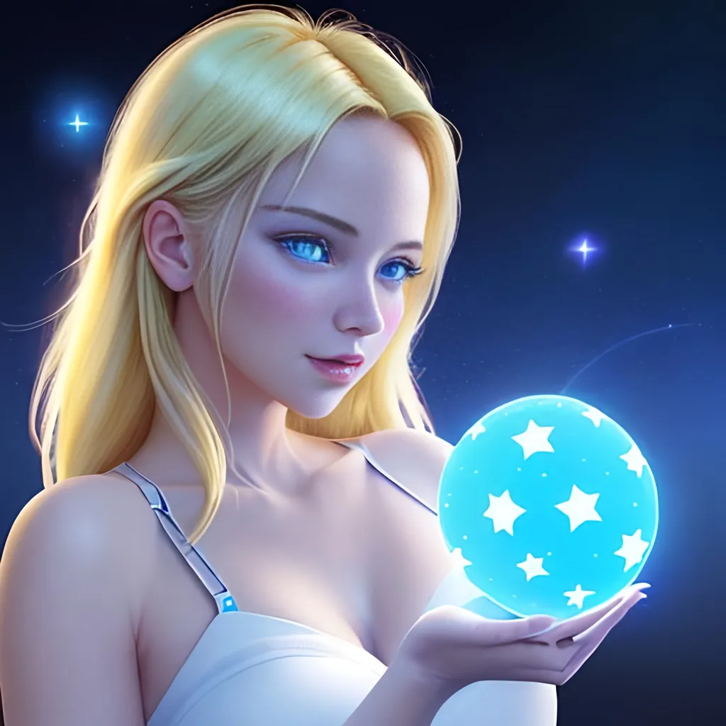 Prompt:  4d, vivid colors, very detailed, hot blonde babe in cloud data center, holding bright white glowing star, high detail, sharp, blue background, physically based rendering, centered.