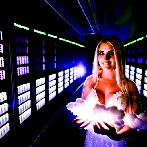 Prompt:  4d, clear, very detailed, hot blonde babe in cloud data center, holding bright white glowing star, high detail, sharp