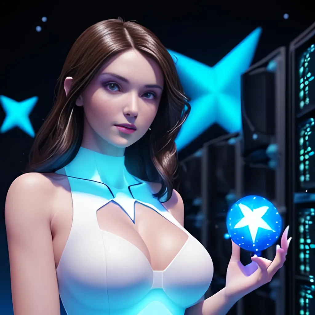 Prompt:  4d, vivid colors, very detailed, hot brunette lady in computer data center, holding bright white glowing star, high detail, sharp, blue background, physically based rendering, centered.