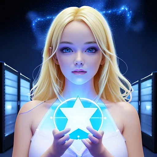 Prompt:  4d, vivid colors, very detailed, hot blonde babe in cloud data center, holding bright white glowing star, high detail, sharp, blue background, physically based rendering, centered.
