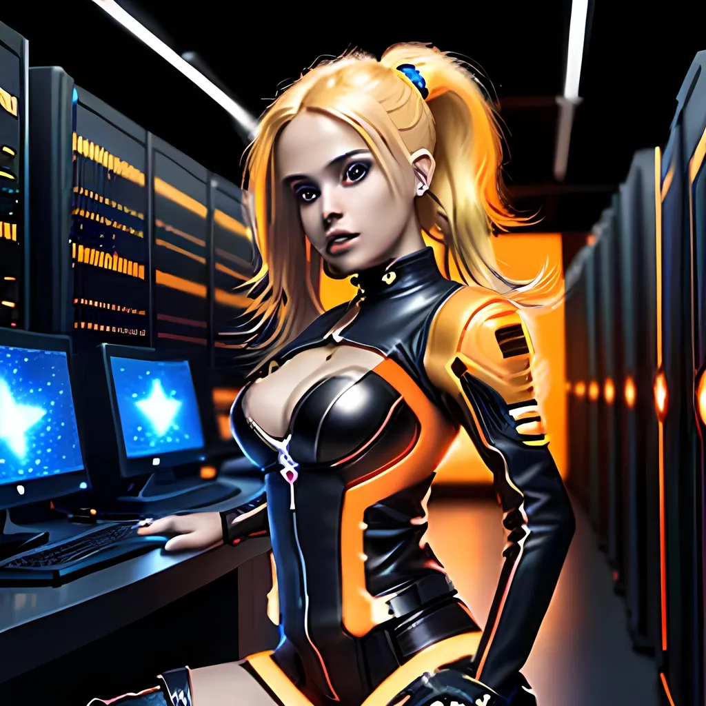 Prompt:  4d, vivid colors, very detailed, hot blonde hair gal babe in computer data center on harley, holding bright black glowing star, high detail, orange background, 