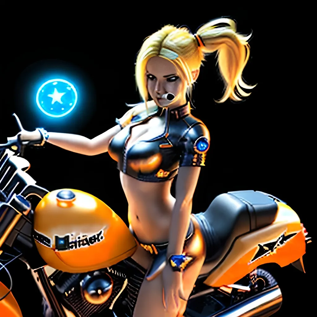 Prompt:  3d, vivid colors, very detailed, hot blonde hair gal babe on computer, on harley, holding bright black glowing star, high detail, orange background, 