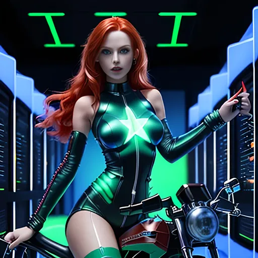 Prompt:  4d, vivid colors, very detailed, hot red hair gal babe in computer data center on harley, holding bright blue glowing star, high detail, sharp, green background, physically based rendering,