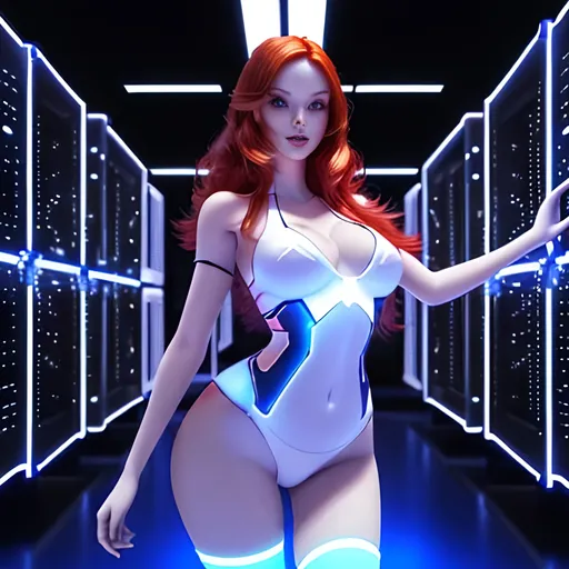 Prompt:  4d, vivid colors, very detailed, hot red hair gal babe in computer data center, holding bright white glowing star, high detail, sharp, blue background, physically based rendering, centered.