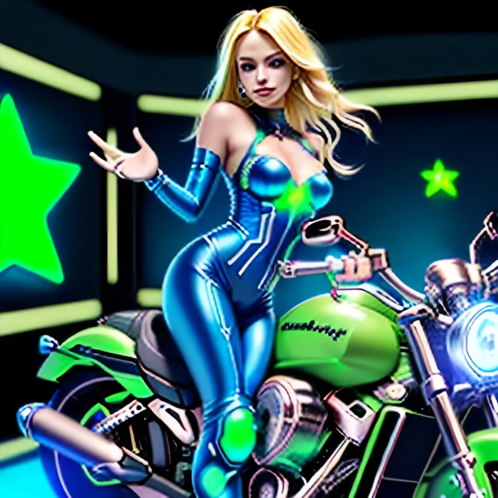 Prompt:  4d, vivid colors, very detailed, hot blonde hair gal babe in computer data center on harley, holding bright blue glowing star, high detail, sharp, green background, 