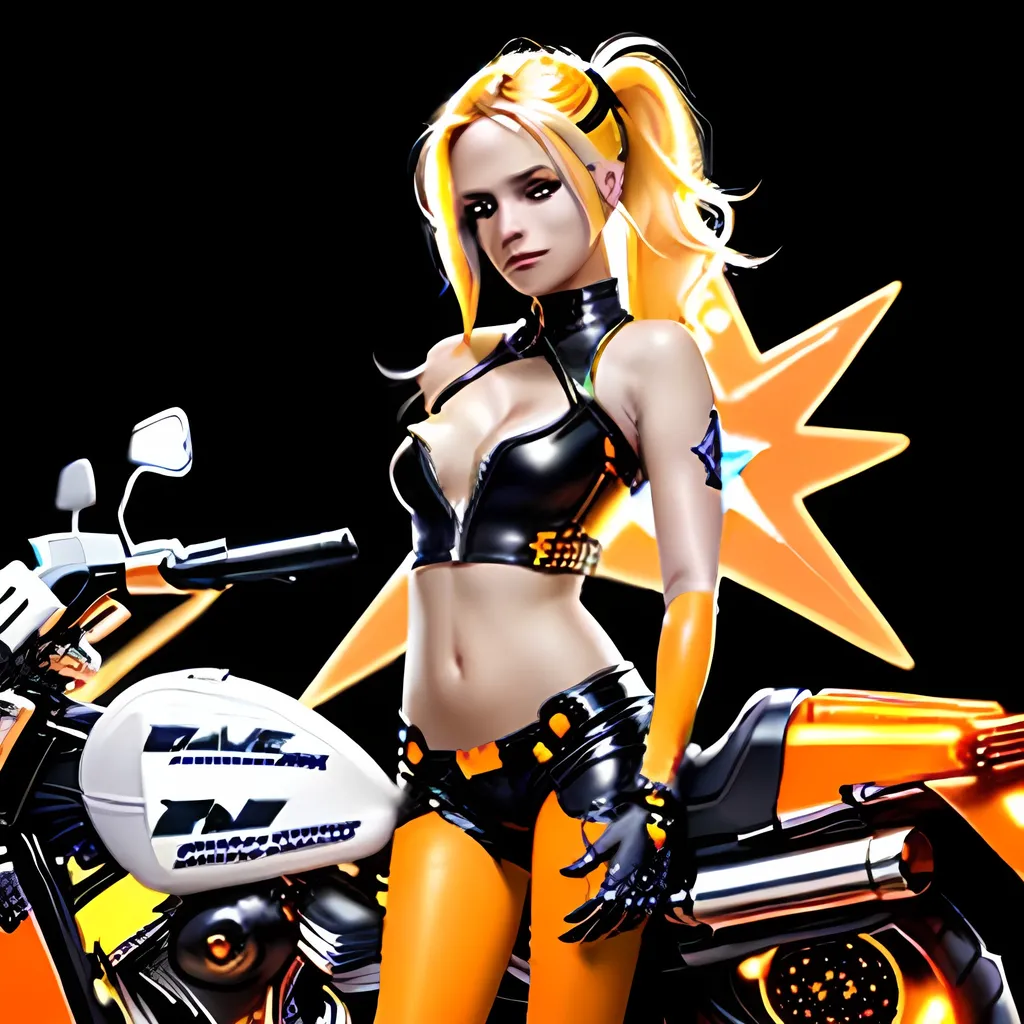 Prompt:  4d, vivid colors, very detailed, hot blonde hair gal babe in computer data center on harley, holding bright black glowing star, high detail, orange background, 