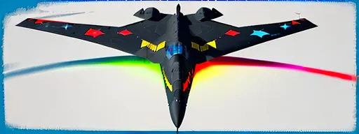 Prompt:  4d, CENTERED, vivid colors, very detailed, white and BLACK STEALTH BOMBER PLANE, bright black glowing star, high detail, RED AND BLUE ACCENTS, YELLOW background, BLUE SKY