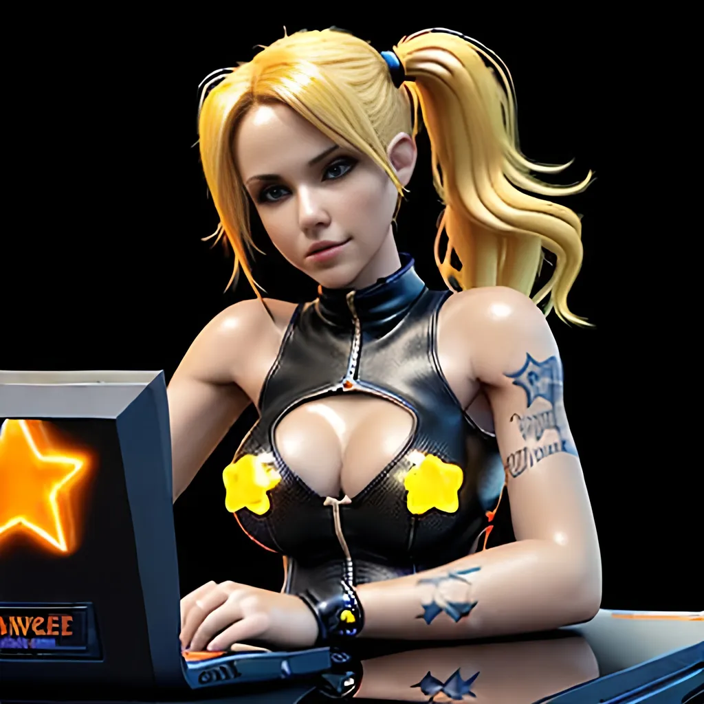 Prompt:  3d, vivid colors, very detailed, hot blonde hair gal babe on computer, on harley, holding bright black glowing star, high detail, orange background, 