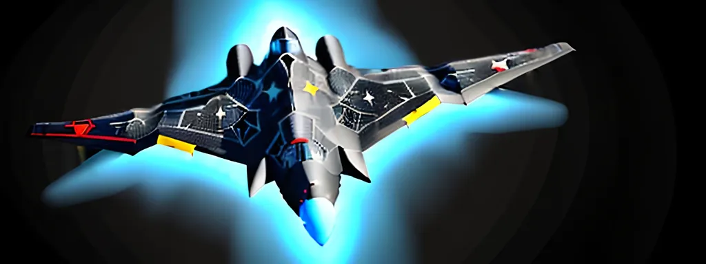 Prompt:  4d, CENTERED, vivid colors, very detailed, white and BLACK STEALTH BOMBER PLANE, bright black glowing star, high detail, RED AND BLUE ACCENTS, YELLOW background, BLUE SKY