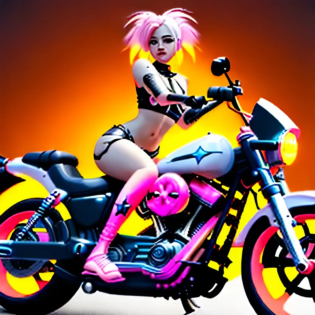 Prompt:  3d, vivid colors, very detailed, hot white and pink hair gal babe on harley, holding bright black glowing star, high detail, orange background, 