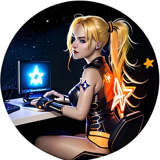 Prompt:  4d, vivid colors, very detailed, hot blonde hair gal babe on computer, on harley, holding bright black glowing star, high detail, orange background, 