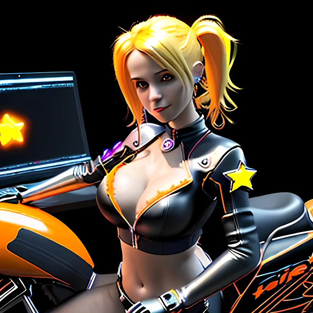 Prompt:  3d, vivid colors, very detailed, hot blonde hair gal babe on computer, on harley, holding bright black glowing star, high detail, orange background, 